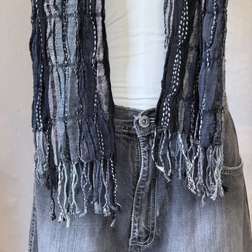 Black Metallic Sparkly Striped Fringe Scarf Whimsygoth Grunge Vintage